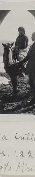 Native American Jerry on a horse and Akseli Gallen-Kallela at the Gallen-KallelasÂ´ gate in Taos, New Mexico, 1925.