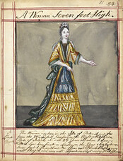 Drawings of Human Prodigies - caption: 'Drawing of a woman from Portrush, Ireland, 'seven foot high'; seen by James Paris in London in 1696, and in Montpellier in 1701; with text'