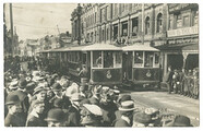 Official opening of the tram service, Brisbane Street, Launceston. Number 1 tram (Elphin Road) and number 4 (Mowbray). Vandyck Studios (1911)