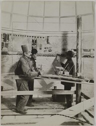 Akseli and Jorma Gallen-Kallela with an unknown mason making the Kalevala cupola frescoes in the National Museum of Finland, 1928.