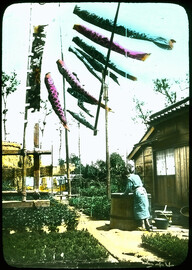 Man working over large wooden tub; rows of plants in pots all around; fish streamers flying overhead.