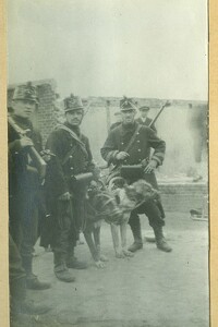 Jean Pecher (rechts) met twee andere soldaten van de mitrailleursectie van het 7de Linieregiment, augustus 1914 | Jean Pecher (right) with two other soldiers from the machine gun section of the 7th Line, August 1914
