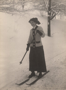 Woman cross country skiing, 1910