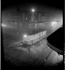 Night fog, Chatswood  tram, July 1950, from Series 02: Sydney people & streets, 1948-1950, photographed by Brian Bird