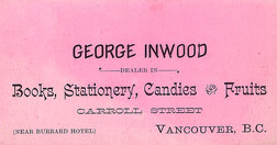 [Business card for George Inwood, dealer in books, stationary, candies and fruits]