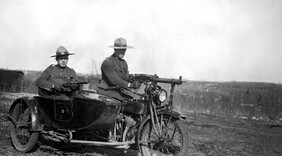 APP motorcycle and sidecar used during labour disputes in the Drumheller area