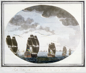 Swedish and Russian navies at sunrise before a battle in July 1789, Ã–land, Sweden