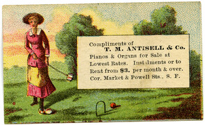 [Piano advertising card depicting a woman playing croquet]