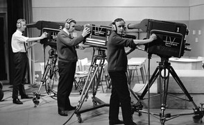 Tamvisionâ€™s camera operators Tuomo Kurikka, Lasse Koskinen and Kauno Peltola pose next to television cameras at Frenckellâ€™s studio in Tampere, 1.2.1965