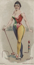 [Cigarette card depicting a woman playing croquet]