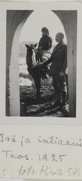 Native American Jerry on a horse and Akseli Gallen-Kallela at the Gallen-KallelasÂ´ gate in Taos, New Mexico, 1925.