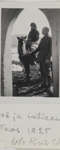 Native American Jerry on a horse and Akseli Gallen-Kallela at the Gallen-KallelasÂ´ gate in Taos, New Mexico, 1925.