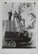Studies for the Kalevala frescoes ready to be taken from TarvaspÃ¤Ã¤ to the National Museum of Finland; standing on the loaded models are YrjÃ¶ Lampila (left) and Jorma and Akseli Gallen-Kallela