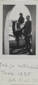 Native American Jerry on a horse and Akseli Gallen-Kallela at the Gallen-KallelasÂ´ gate in Taos, New Mexico, 1925.