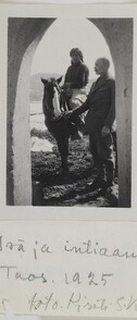 Native American Jerry on a horse and Akseli Gallen-Kallela at the Gallen-KallelasÂ´ gate in Taos, New Mexico, 1925.