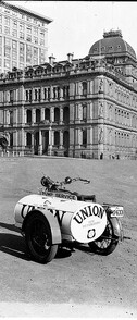 Motorcycle with mobile tank used by Union petrol, Sydney c. 1935