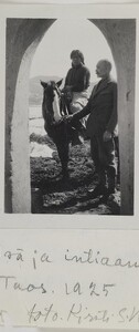 Native American Jerry on a horse and Akseli Gallen-Kallela at the Gallen-KallelasÂ´ gate in Taos, New Mexico, 1925.