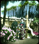 Family in traditional attire having portrait taken in garden against fence.