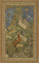 [Johnson Collection] - caption: 'An assembly of animals and birds. A crow and partridges sit on a hill at top centre while a simurgh, an oriole and other birds fly around. The assembly beneath includes a pink horse, a lion, a tiger, leopards, a jackal, a