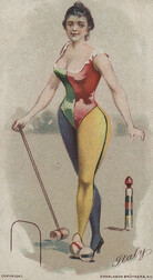 [Cigarette card depicting a woman playing croquet]