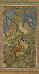 [Johnson Collection] - caption: 'An assembly of animals and birds. A crow and partridges sit on a hill at top centre while a simurgh, an oriole and other birds fly around. The assembly beneath includes a pink horse, a lion, a tiger, leopards, a jackal, a