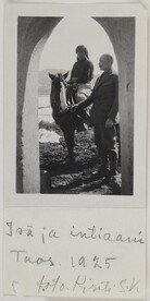 Native American Jerry on a horse and Akseli Gallen-Kallela at the Gallen-KallelasÂ´ gate in Taos, New Mexico, 1925.