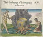 Travels through Virginia. From Theodor de Bry's 'America', Vol. I, 1590, after a drawing of John White Image taken from Travels through Virginia. - caption: ''The beauty of the earthenware vessels in which they cook food'.  Engraving of a large cylindrica