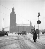 Stockholm City Hall in snow, Uppland, Sweden