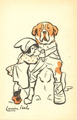 Little girl bandaging a large dog]