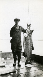 View of foreman Angus McDonald with a Co-op salmon at Pacific Coast Fishermen's Union (P.C.F.U.) fish buying camp at Stuart Island Landing, B.C