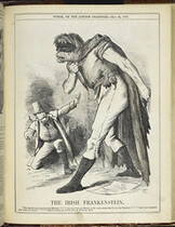 Punch, or the London charivari - caption: 'The Irish Frankenstein. "The baneful and blood-stained Monster ...". The quotation is from Mary Shelley's Frankenstein. Charles Stuart Parnell is depicted, with 'his monster' which represents the Fenian movement.