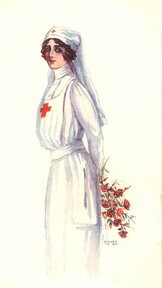 Nurse holding a bouquet of roses behind her back