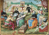 Album Amicorum of Gervasius Fabricius - caption: 'Ladies in a garden embroidering'