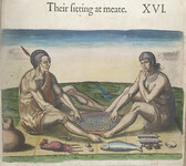 Travels through Virginia. [ From Theodor de Bry's 'America', Vol. I, 1590, after a drawing of John White]. - caption: ''Their sitting at meate'. Engraving of two figures seated on a strip of matting, eating with their right hands from a large circular dis