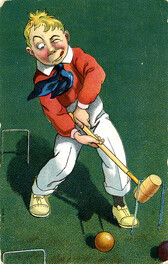 [Postcard illustration of boy playing croquet]