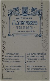 Backside of a visit card made by A. Strandberg photography studio in Turku.