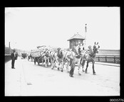 Work horses, cargo cart and men crossing Pyrmont Bridge in Sydney, 1902-1917