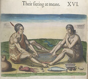 Travels through Virginia. [ From Theodor de Bry's 'America', Vol. I, 1590, after a drawing of John White]. - caption: ''Their sitting at meate'. Engraving of two figures seated on a strip of matting, eating with their right hands from a large circular dis