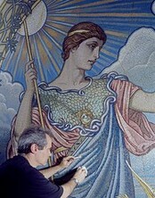 Second Floor, East Corridor. Mosaic of Minerva by Elihu Vedder, with restorer at work. Library of Congress Thomas Jefferson Building, Washington, D.C. (LOC)