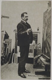 Axel GallÃ©n at the painting The Departure of VÃ¤inÃ¤mÃ¶inen in his studio Pirtti in Helsinki, ca.1905.