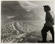 Expedition member overlooking West Bay and Atlas Cove at Heard Island, c. 1950s