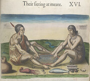 Travels through Virginia. [ From Theodor de Bry's 'America', Vol. I, 1590, after a drawing of John White]. - caption: ''Their sitting at meate'. Engraving of two figures seated on a strip of matting, eating with their right hands from a large circular dis