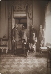 Group picture featuring, from left to right, Colonel Lilius, Captain Kekoni, Lieutenant Gallen-Kallela, Lieutenant RosenbrÃ¶ijer with  Regent Mannerheim seated
