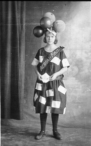 Jess at fancy dress ball as "Aerial Mail". The envelope is from Mr Gillies' solicitor - Coffs Harbour, NSW, c. 1922
