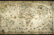 Untitled - caption: '[Whole map] Desceliers map of the world; with illuminated borders, drawings, and the arms of France, Montmorency and Annebaud.'