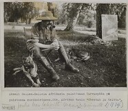 Akseli Gallen-Kallela, after coming home from Africa, in TarvaspÃ¤Ã¤ garden with his dogs and the painting Cheetah, 1914.