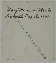 Backside of the picture of Marjatta GallÃ©n and her nurse in Rapola, SÃ¤Ã¤ksmÃ¤ki, 1892.