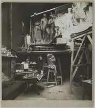 Sculptor Emil WikstrÃ¶m, friend of Akseli Gallen-Kallela, with statues in his Paris studio.