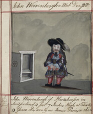 Drawings of Human Prodigies - caption: 'Drawing of John Worrenbergh, of Switzerland, a dwarf of 2 ft. 7 ins; with text. He was seen by James Paris in London in 1689'