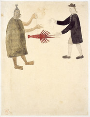 Drawings illustrative of Captain Cook's First Voya - caption: 'Maori bartering a crayfish'